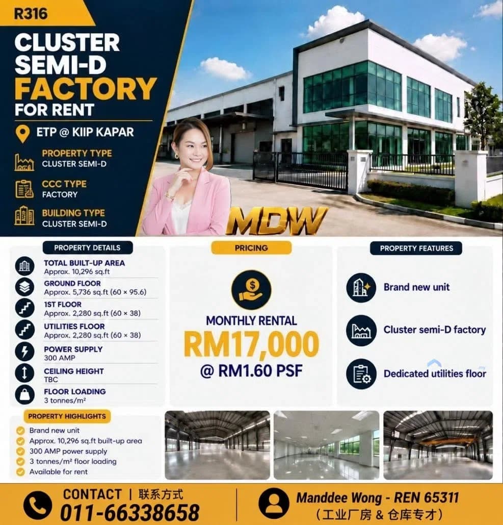 WTR/BRAND NEW CLUSTER SEMI DETACHED FACTORY/10,296 SQFT/ETP@KIIP KAPAR/SELANGOR