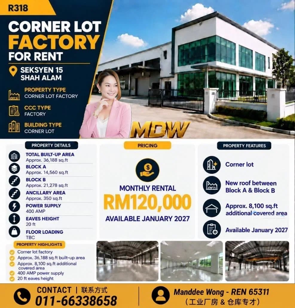 WTR/CORNER LOT FACTORY/36,188 SQFT/SEKSYEN 15/SHAH ALAM